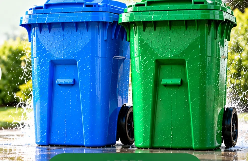 Clean blue and green trash bins after cleaning