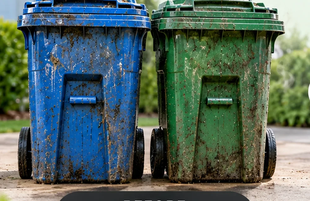 Dirty blue and green trash bins before cleaning