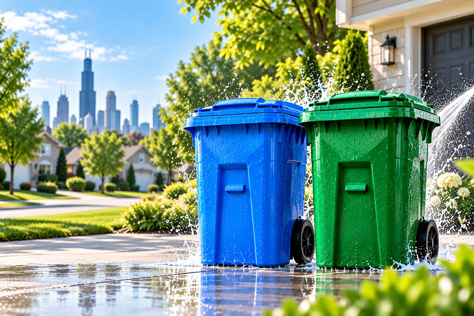 Clean blue and green residential trash bins on a suburban driveway